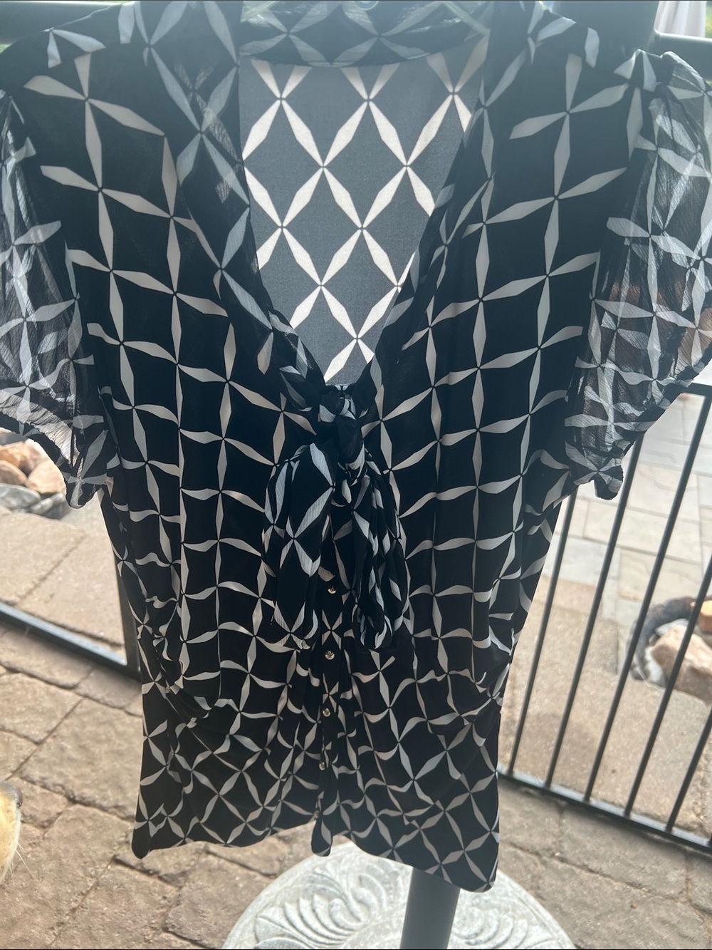 Black & White Geometric Tie-Front Blouse for Women